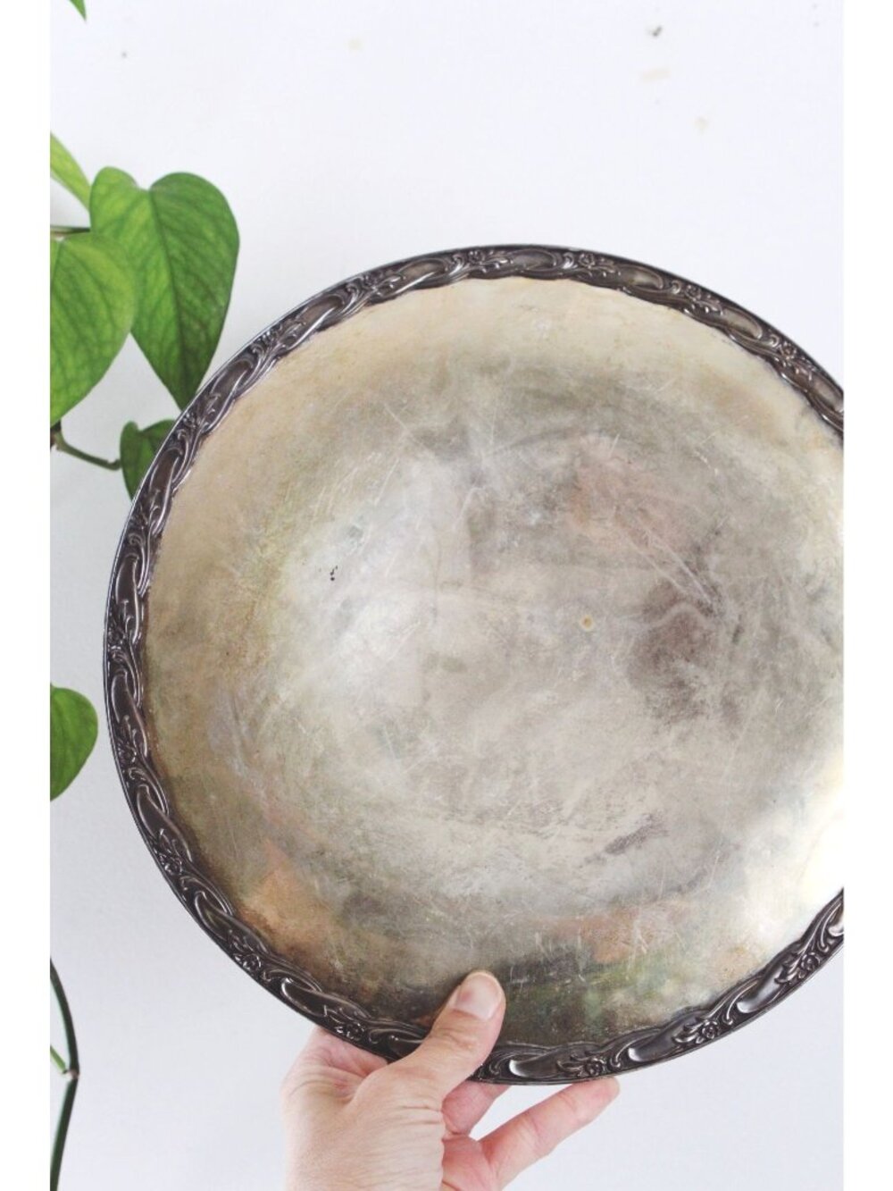 Vintage Silver-Plated Ornate Round Tray With Patina & Floral Border Design
